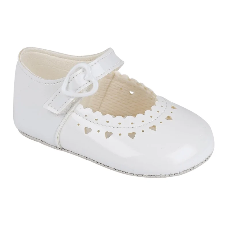 Baypods Soft Sole Girls Velcro Bar Shoes With Heart Trim- White