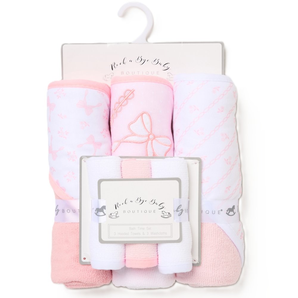 Baby Pink Bows 6 Piece Hooded Towels & Washcloths Bath Time Set Baby Pink Bows 6 Piece Hooded Towels & Washcloths Bath Time Set