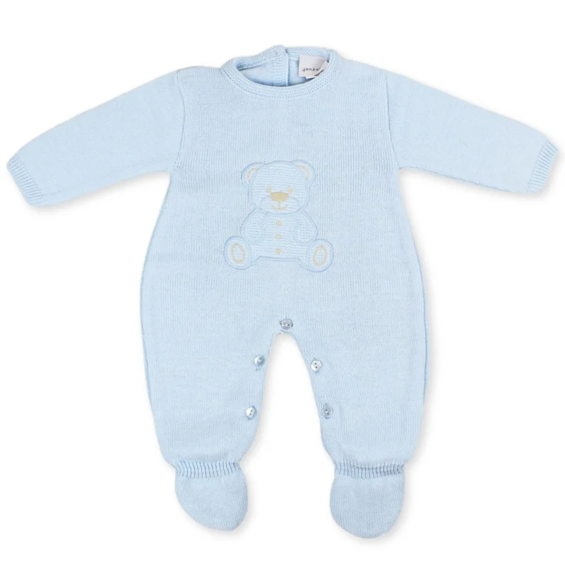 Baby Boys Blue Knitted Baby All In One - Teddy Bear
