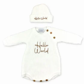 Dandelion White Knitted "hello World" Romper & Hat Set