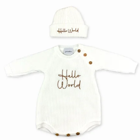 Dandelion White Knitted "hello World" Romper & Hat Set