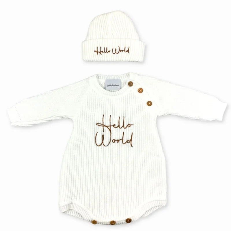 Dandelion White Knitted "hello World" Romper & Hat Set