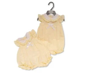 Baby Girls Romper With Lace And Bow- Lemon