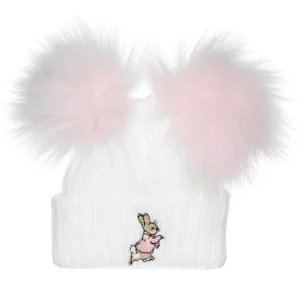 Pink/white Faux Fur 2 Pom Pom Hat With Rabbit- 6-12m