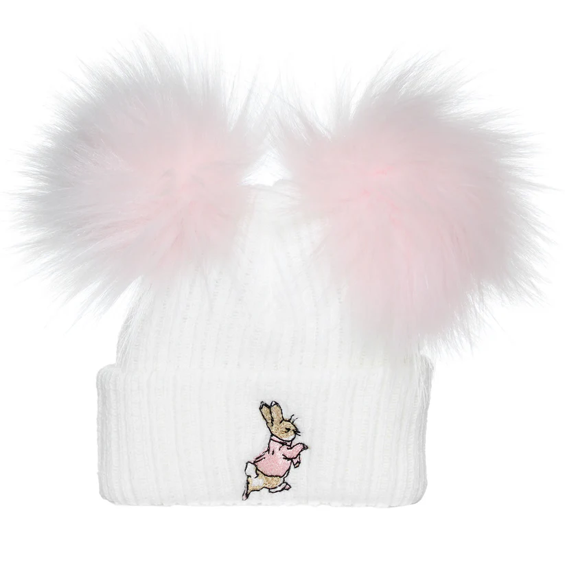 Pink/white Faux Fur 2 Pom Pom Hat With Rabbit- 6-12m Pink/white Faux Fur 2 Pom Pom Hat With Rabbit- 6-12m
