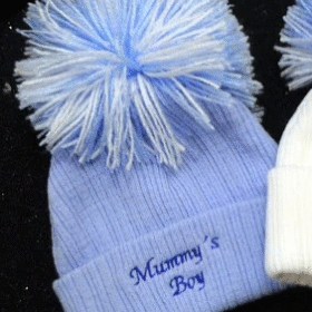Mummy’s Boy Pom Pom Hat- Blue- Newborn
