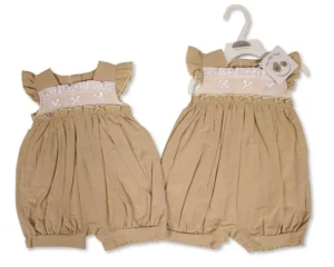 Baby Girls Linen Romper With Smocking And Bows
