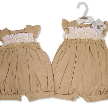 Baby Girls Linen Romper With Smocking And Bows
