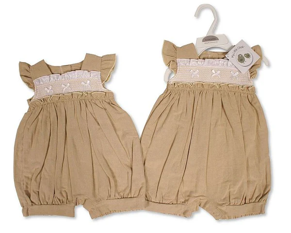 Baby Girls Linen Romper With Smocking And Bows Baby Girls Linen Romper With Smocking And Bows