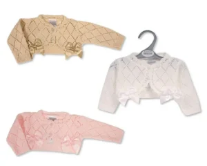 Baby Girls Knitted Bolero With Bows- Taupe