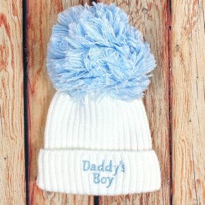 Daddy's Boy Pom Pom Hat- White- Newborn