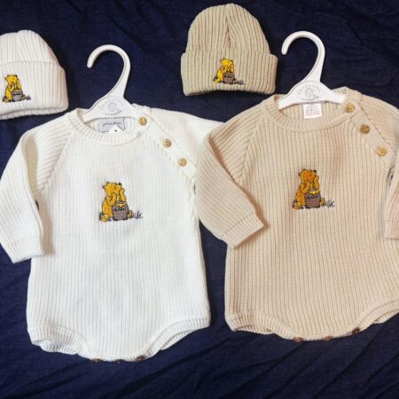 Knitted Winnie The Pooh Romper With Hat- White