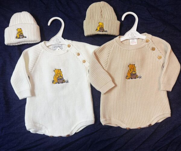 Knitted Winnie The Pooh Romper With Hat- White