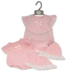 Baby Girls Striped Short Romper With Bow And Hat