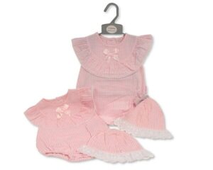 Baby Girls Striped Short Romper With Bow And Hat