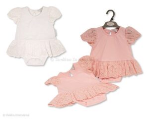 Baby Girls Lace Tutu Short-sleeved Bodysuit- White