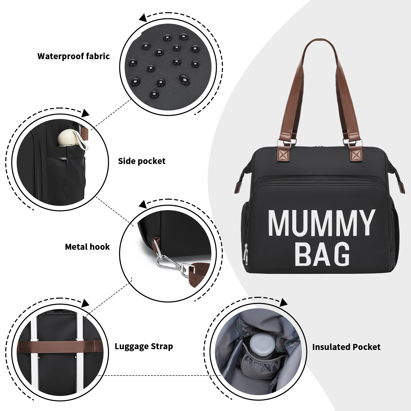 Kono Large Nappy Changing Tote Bag, Insulated Pockets & Waterproof Zip Pocket - Black Kono Large Nappy Changing Tote Bag, Insulated Pockets & Waterproof Zip Pocket - Black