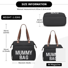 Kono Large Nappy Changing Tote Bag, Insulated Pockets & Waterproof Zip Pocket – Black