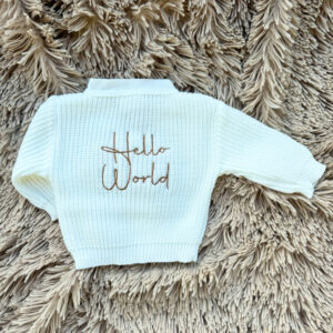 White 'hello World' Knitted Cardigan