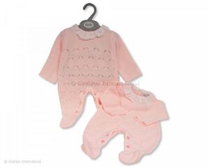 Knitted Long Romper With Pointelle Pattern And Lace