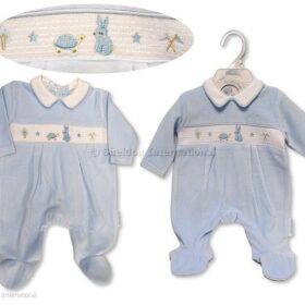 Baby Boys Velour All In One With Smocking - Rabbit And Tortoise
