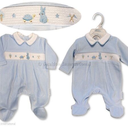 Baby Boys Velour All In One With Smocking - Rabbit And Tortoise
