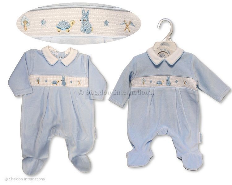 Baby Boys Velour All In One With Smocking - Rabbit And Tortoise Baby Boys Velour All In One With Smocking - Rabbit And Tortoise
