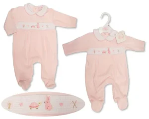 Baby Boys Velour All In One With Smocking - Rabbit And Tortoise (copy)