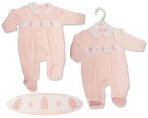 Baby Boys Velour All In One With Smocking - Rabbit And Tortoise (copy)