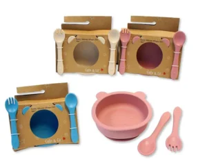 Baby Silicone Bowl, Fork And Spoon Set - Teddy