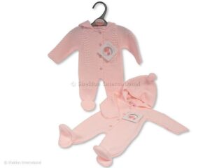Knitted Premature Baby Girls Hooded All In One With Pompom