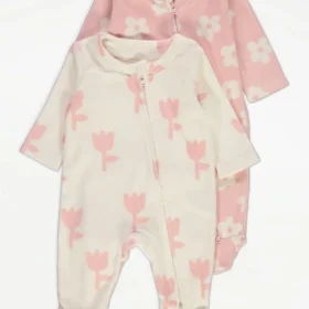 Baby 2 Pack Flower 2 Way Zip Fasten Fleece Sleepsuits