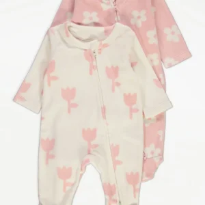 Baby 2 Pack Flower 2 Way Zip Fasten Fleece Sleepsuits
