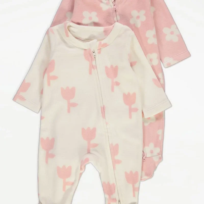 Baby 2 Pack Flower 2 Way Zip Fasten Fleece Sleepsuits