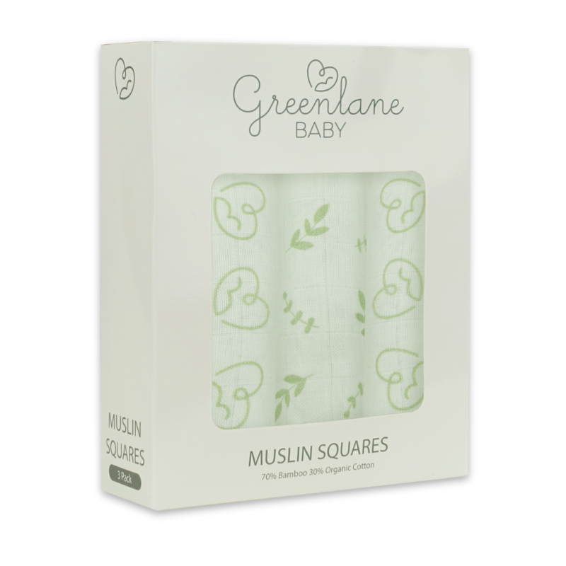 Greenlane Baby 3 Pack Bamboo/organic Cotton Muslin Squares 70x70cm – Heart Combo