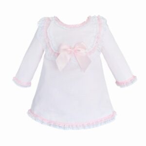 Wee Me Pink Waffle Dress With Satin Bow & Lace Detail- Pink