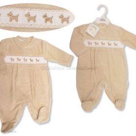 Baby Velour All In One With Smocking - Puppy