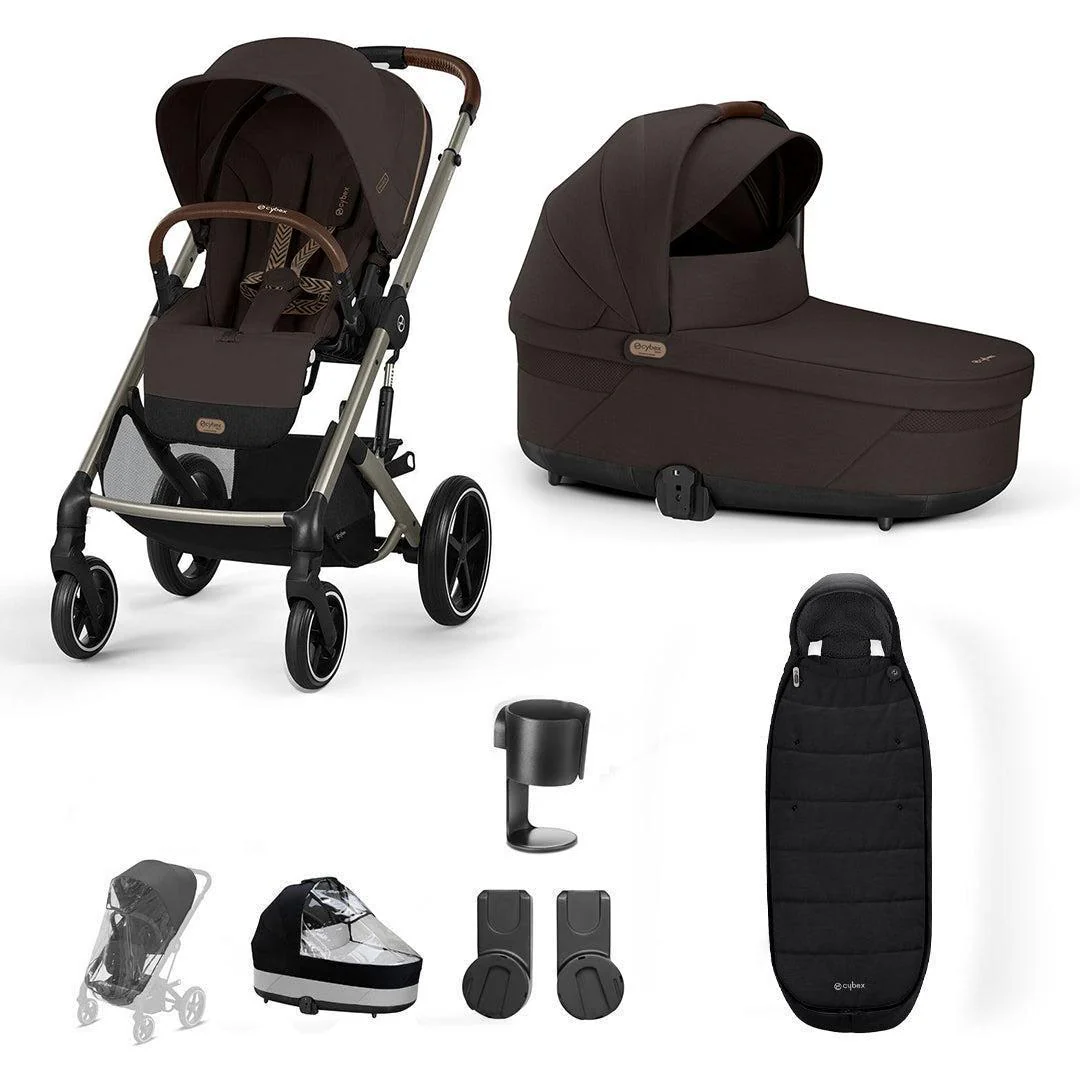 Cybex Balios S Lux Stroller/travel System - Chocolate Brown - Essential Bundle (+ Cupholder + Adapters), Gold Footmuff Cybex Balios S Lux Stroller/travel System - Chocolate Brown - Essential Bundle (+ Cupholder + Adapters), Gold Footmuff