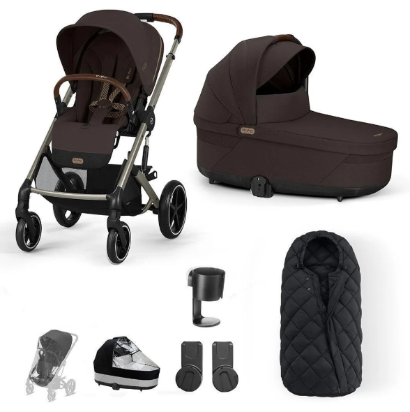 Cybex Balios S Lux Stroller/travel System - Chocolate Brown - Essential Bundle (+ Cupholder + Adapters), Snogga Footmuff Cybex Balios S Lux Stroller/travel System - Chocolate Brown - Essential Bundle (+ Cupholder + Adapters), Snogga Footmuff