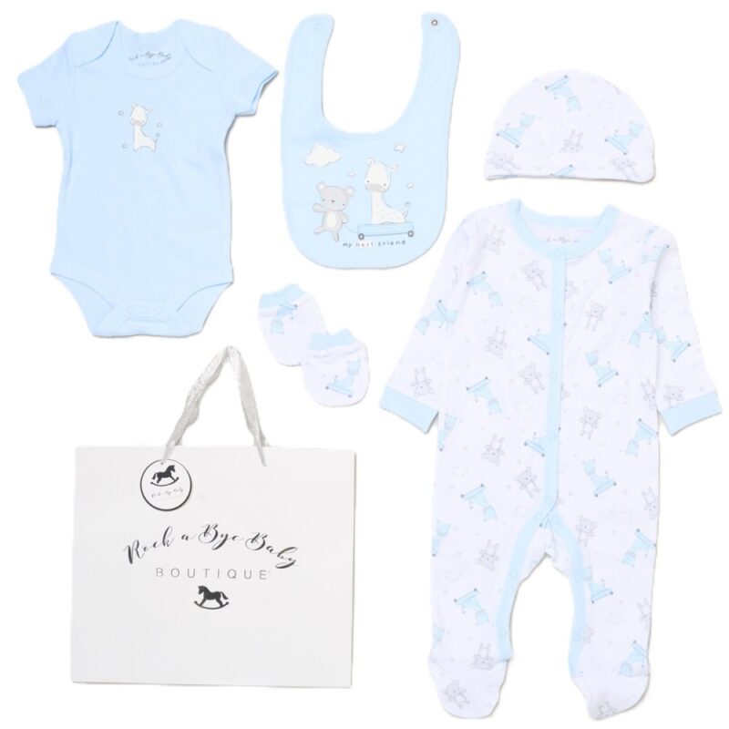 Baby Boys Bear & Giraffe 'my Best Friend' 6pc Mesh Bag Gift Set