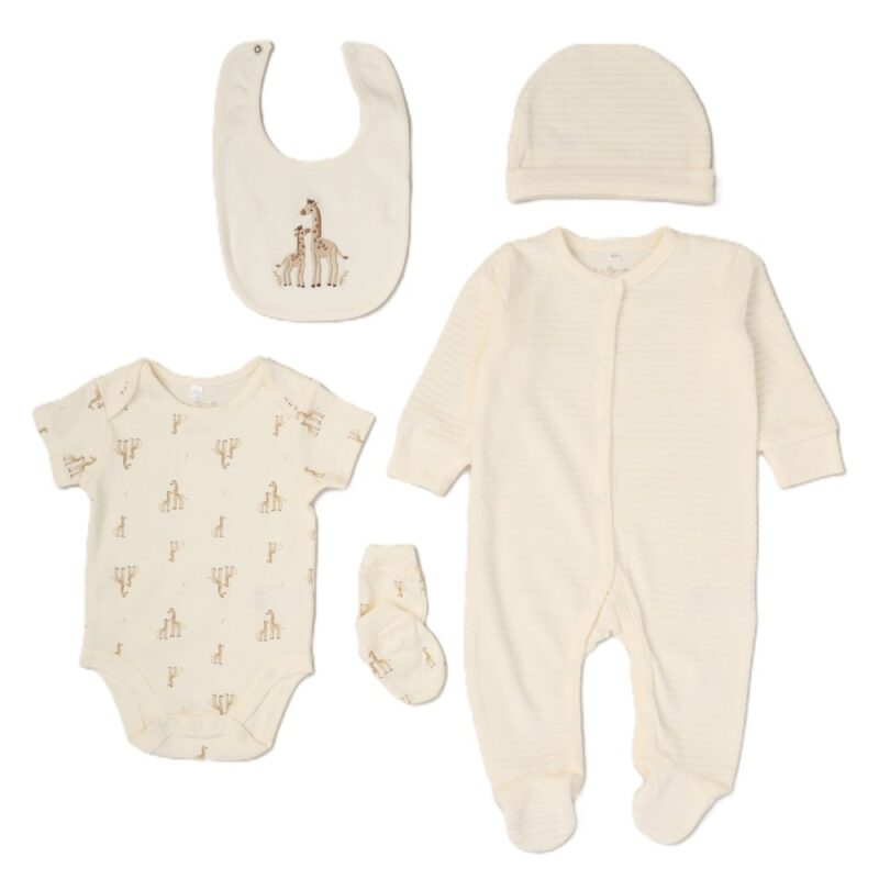 Baby Unisex Giraffe Ribbed Velour 5 Piece Gift Set