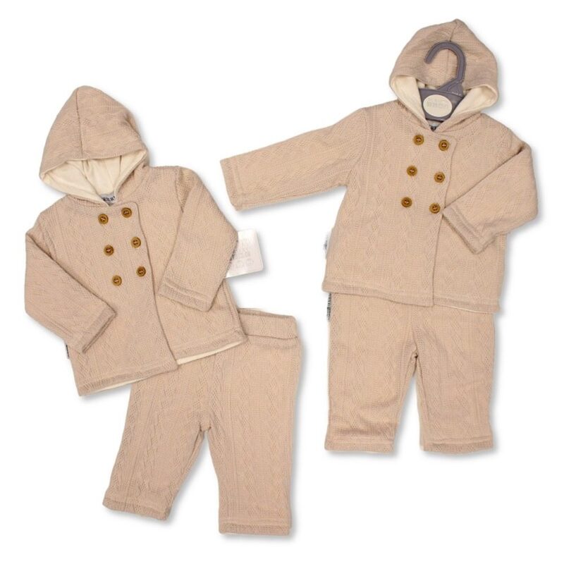 Baby Knitted Hooded Jacket & Trousers Outfit- Taupe