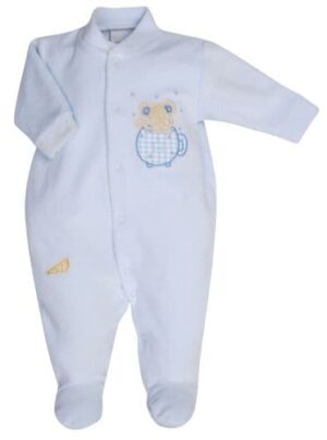 Dandelion Mouse In Teacup Velour Sleepsuit- Blue
