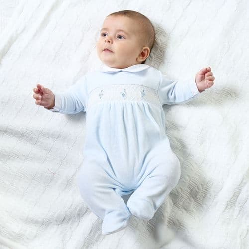 Spinning Top Smocked Sleepsuit- Blue Spinning Top Smocked Sleepsuit- Blue