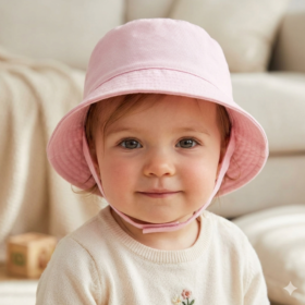 Baby Girls Pink Plain Bucket Hat With Chin Strap