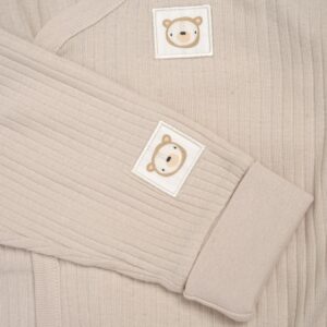 Beige Ribbed Bodysuit & Pants With Food Catcher Bib/bowl/spork