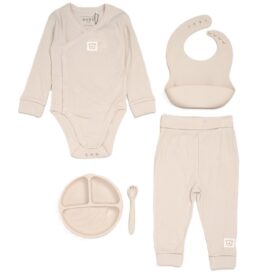 Beige Ribbed Bodysuit & Pants With Food Catcher Bib/bowl/spork