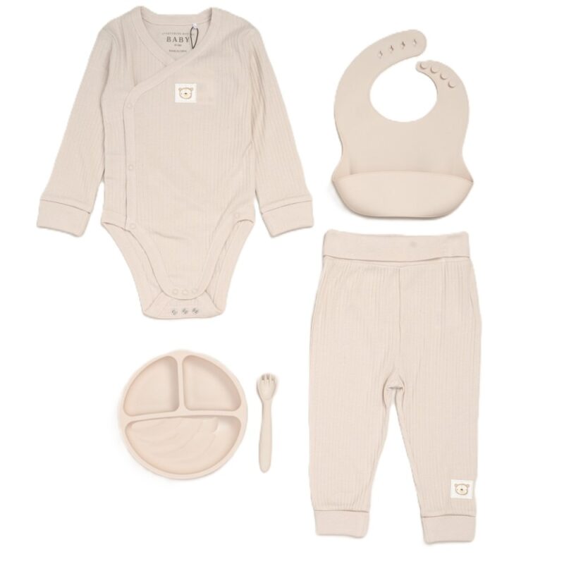Beige Ribbed Bodysuit & Pants With Food Catcher Bib/bowl/spork