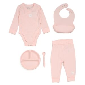 Pink Ribbed Bodysuit & Pants With Food Catcher Bib/bowl/spork