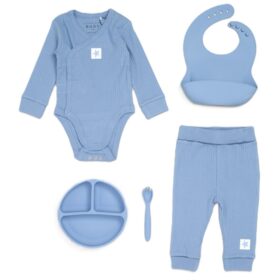 Blue Ribbed Bodysuit & Pants With Food Catcher Bib/bowl/spork (Copy)